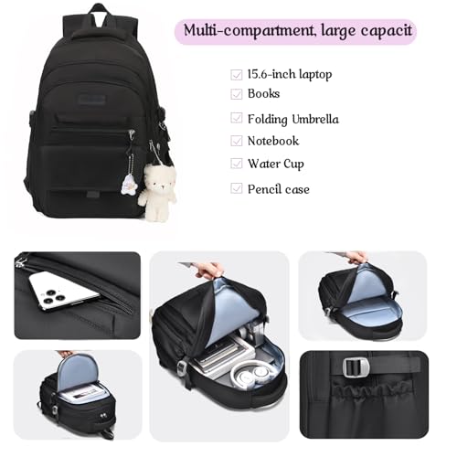 PRLINJSK Girls Backpack for College High Middle School Student, Cute Aesthetic Bookbag for Teens Women with Accessories,Black - Image 4