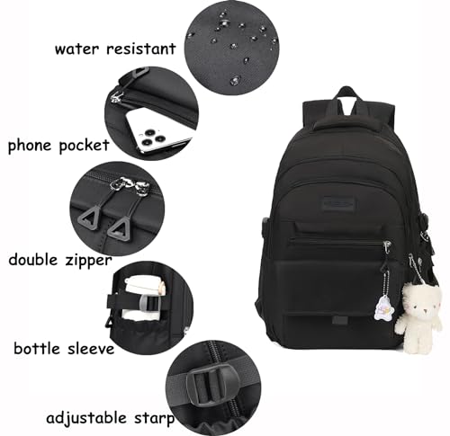PRLINJSK Girls Backpack for College High Middle School Student, Cute Aesthetic Bookbag for Teens Women with Accessories,Black - Image 5