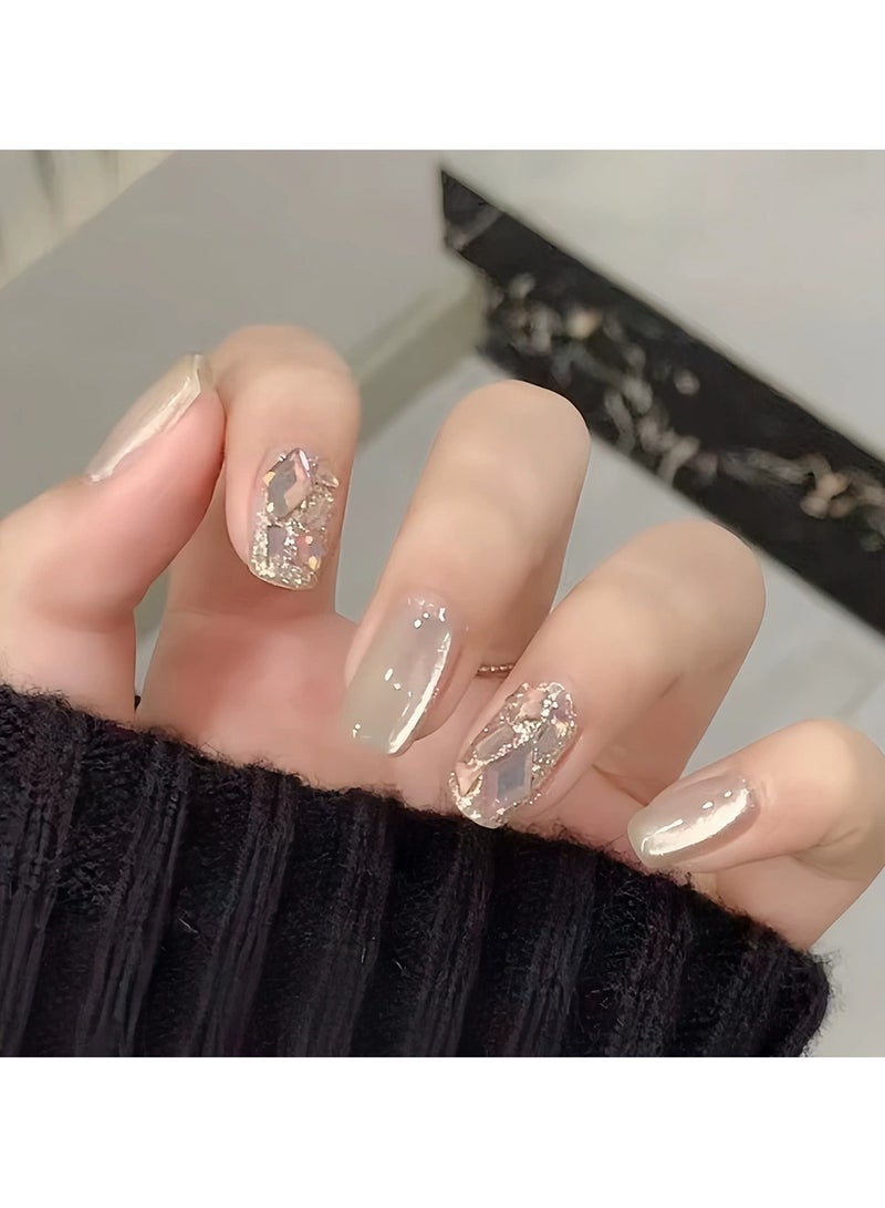 White Water Cat Eye Press On Nails 30Pcs Milky White Star Glitter Fake Nail Tips