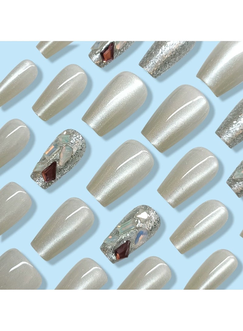 White Water Cat Eye Press On Nails 30Pcs Milky White Star Glitter Fake Nail Tips