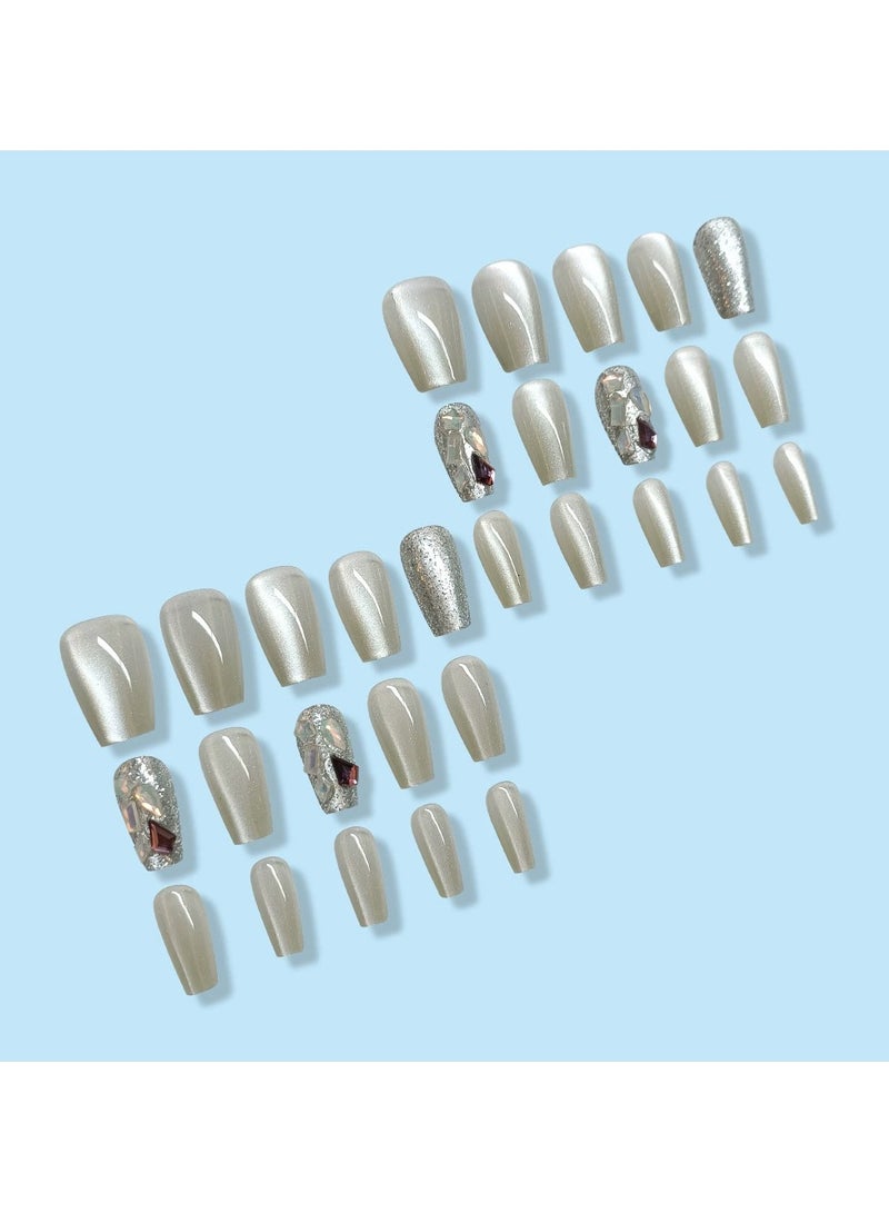 White Water Cat Eye Press On Nails 30Pcs Milky White Star Glitter Fake Nail Tips