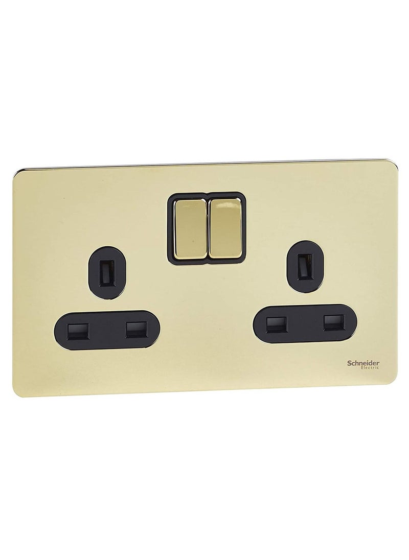 Schneider Electric Schneider Electric GU3420-BPB 2-Gang 13A Ultimate Screwless Flat Plate Switched Socket, Polished Brass with Black  - Image 1