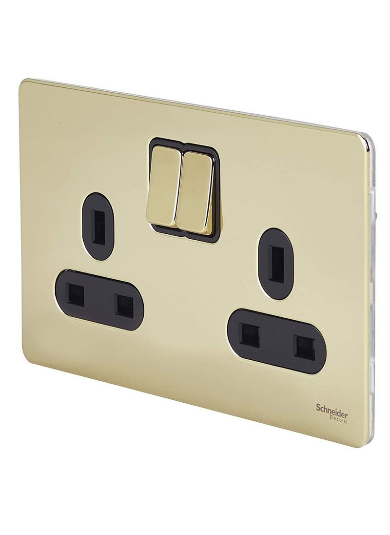 Schneider Electric Schneider Electric GU3420-BPB 2-Gang 13A Ultimate Screwless Flat Plate Switched Socket, Polished Brass with Black  - Image 2