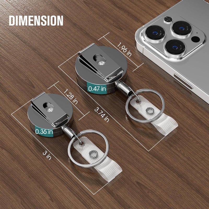 KTRIO 2 Pack Heavy Duty Badge Reel Retractable Badge Holder, Metal Keychain ID Badge Holder Reels with Belt Clip Key Ring Reinforced Steel Cord for Key Name Card Holder (Small) - Image 4