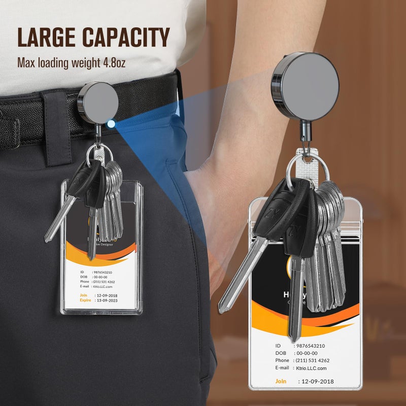 KTRIO 2 Pack Heavy Duty Badge Reel Retractable Badge Holder, Metal Keychain ID Badge Holder Reels with Belt Clip Key Ring Reinforced Steel Cord for Key Name Card Holder (Small) - Image 5