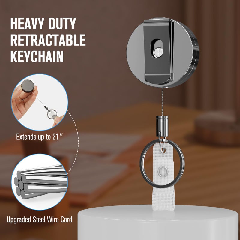 KTRIO 2 Pack Heavy Duty Badge Reel Retractable Badge Holder, Metal Keychain ID Badge Holder Reels with Belt Clip Key Ring Reinforced Steel Cord for Key Name Card Holder (Small) - Image 3