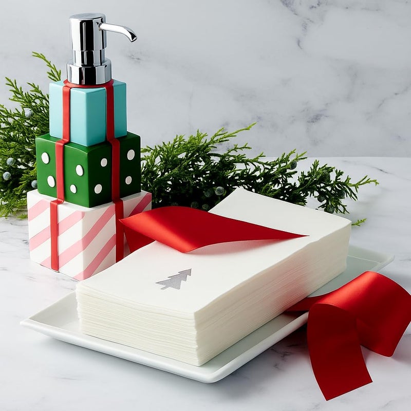 By Madee : 50 Pack Premium Christmas Napkins Disposable | Disposable Hand Towels for Bathroom | Linen Like Elegant Holiday Napkins for Unforgettable Celebrations | Made in Airlaid Paper (Silver Tree) - Image 2