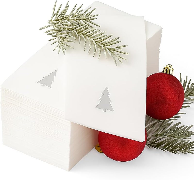By Madee : 50 Pack Premium Christmas Napkins Disposable | Disposable Hand Towels for Bathroom | Linen Like Elegant Holiday Napkins for Unforgettable Celebrations | Made in Airlaid Paper (Silver Tree) - Image 1