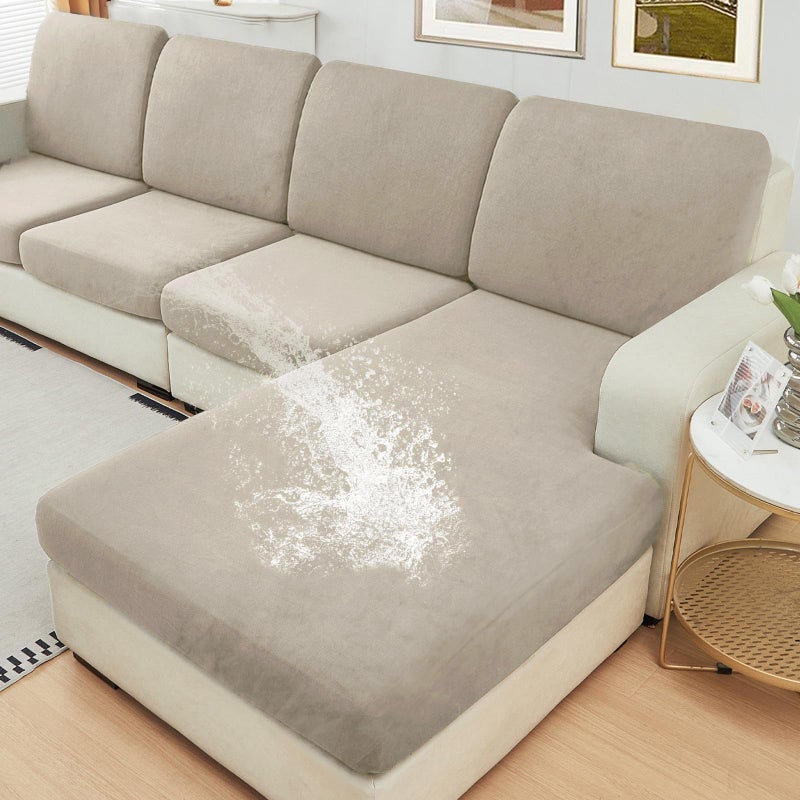 NAISI Waterproof Couch Cushion Covers Thick Velvet Fabric Washable Sofa Slipcovers Sectional Couch Covers for 3 Pieces Separate L Shape Couch Cover with Elastic Bottom(2 Seater + 1 Chaise,Light Taupe) - Image 1
