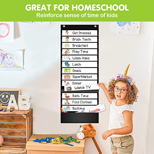 EAMAY Daily Schedule Pocket Charts, Teacher Schedule Chart with Resuable 18 Custom Cards, Classroom Pocket Chart for School Office or Homeschool Activities, Black - Image 2