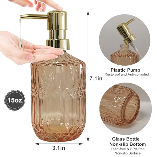 YYTSGG Glass Soap Dispenser with Gold Pump, 15oz Liquid Hand Dispenser, Refillable Lotion Dish Soap Dispenser for Modern Home Decor, Bathroom, Kitchen Countertop, Hotel(Amber) - Image 2