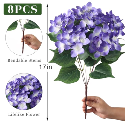 FOTEEWL 8 Bundles Artificial Hydrangea Flowers for Outdoor Decor, Realistic Faux Silk Bouquets Sun-Resistant Fake Plants for Front Door Balcony Farmhouse Garden Home Spring Summer Decor (Purple) - Image 5