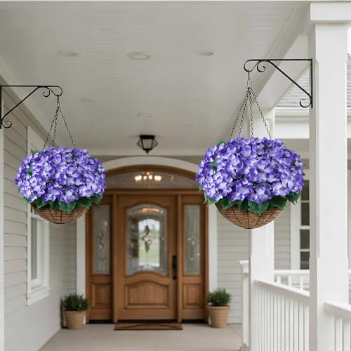 FOTEEWL 8 Bundles Artificial Hydrangea Flowers for Outdoor Decor, Realistic Faux Silk Bouquets Sun-Resistant Fake Plants for Front Door Balcony Farmhouse Garden Home Spring Summer Decor (Purple) - Image 4