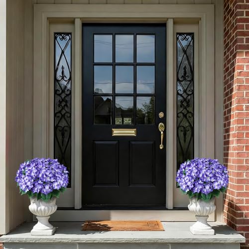 FOTEEWL 8 Bundles Artificial Hydrangea Flowers for Outdoor Decor, Realistic Faux Silk Bouquets Sun-Resistant Fake Plants for Front Door Balcony Farmhouse Garden Home Spring Summer Decor (Purple) - Image 3