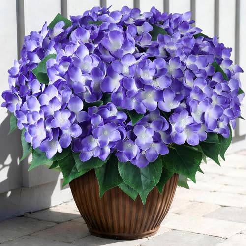 FOTEEWL 8 Bundles Artificial Hydrangea Flowers for Outdoor Decor, Realistic Faux Silk Bouquets Sun-Resistant Fake Plants for Front Door Balcony Farmhouse Garden Home Spring Summer Decor (Purple) - Image 1
