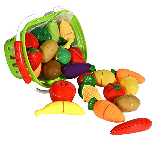 Playkidz Fruit and Vegetables Basket Pretend Play Kitchen Food Educational Playset with Toy Knife Cutting Board 32 Pieces of Food Toys - Image 5