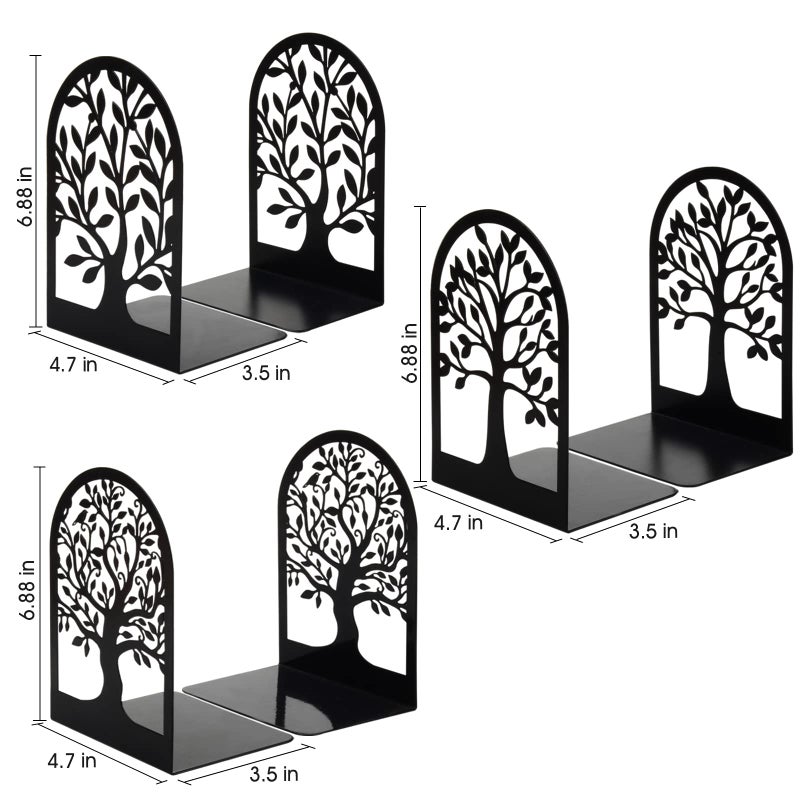 HappyHapi Book Ends, Metal Bookends for Shelves Decorative, Tree Stopper for Heavy Books, Black Ends to Hold Books for Home Office, 6.5 X 4.7 X 3.5 Inch(3 Pairs/6 Pcs, Large) - Image 2