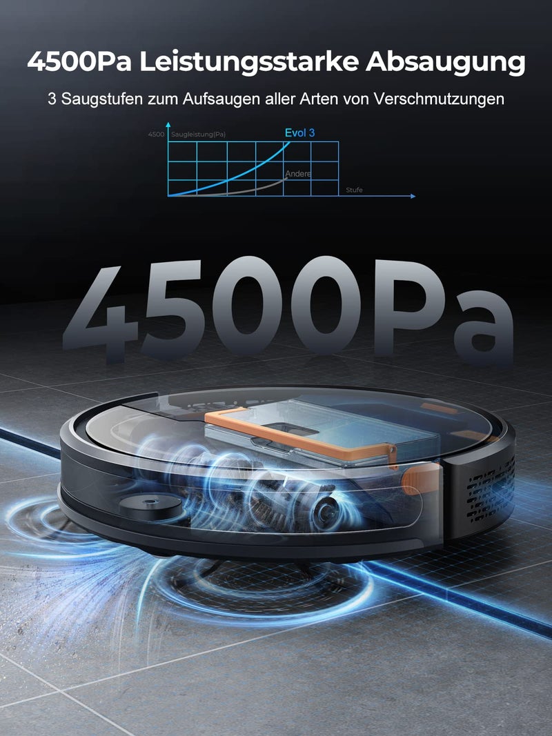 Laresar Evol 3 Robot Vacuum Cleaner With Mop Function - 4500Pa Super Thin Black Vacuum - 180 Minutes Battery Life - App/Remote/Voice Control - Ideal for Hard Floors, Pet Hair, Carpet - Image 2