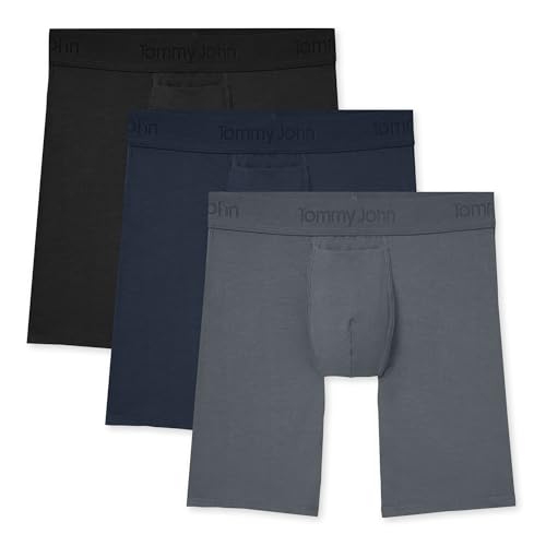Tommy John Mens Boxer Briefs 8” Underwear, Second Skin Boxers with Supportive Contour Pouch Silky Soft Tagless Moisture Wicking Underwear Stretch Fabric, 3 pack, Black/Turbulence/Dress Blues, XXL - Image 1