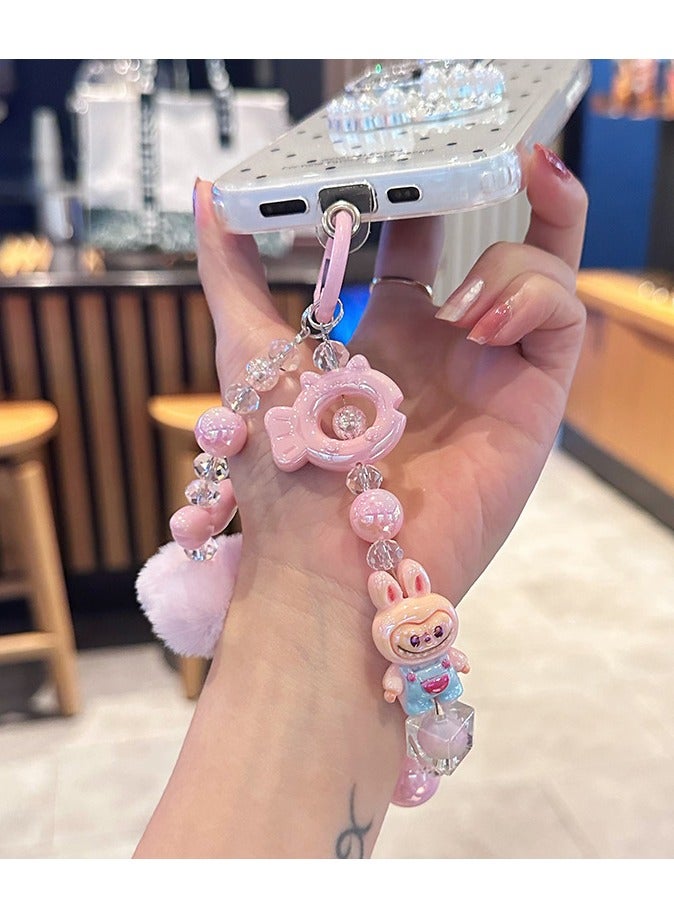 Generic 2-Piece Bling Keychains with Labubu, Pom-Pom and Assorted Beads | Perfect Gifts for Besties and Girlfriends | Car Keychain Accessories | Brown and Pink  - Image 4