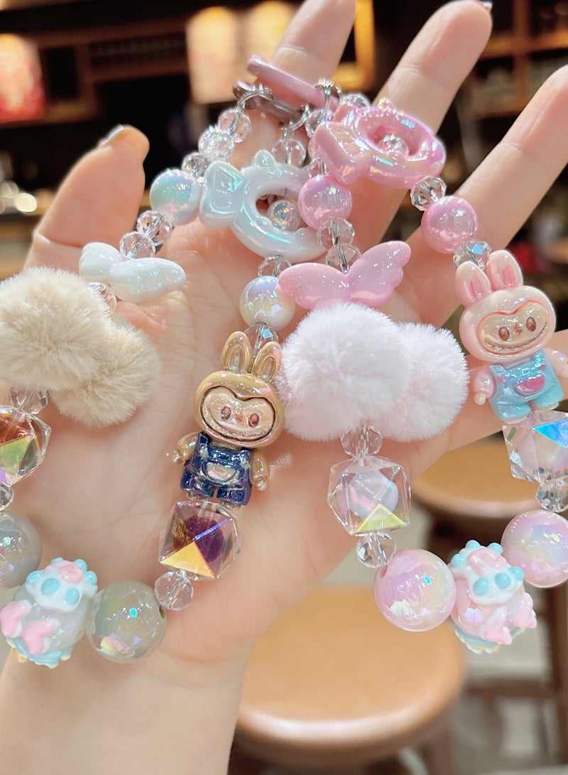 Generic 2-Piece Bling Keychains with Labubu, Pom-Pom and Assorted Beads | Perfect Gifts for Besties and Girlfriends | Car Keychain Accessories | Brown and Pink  - Image 1