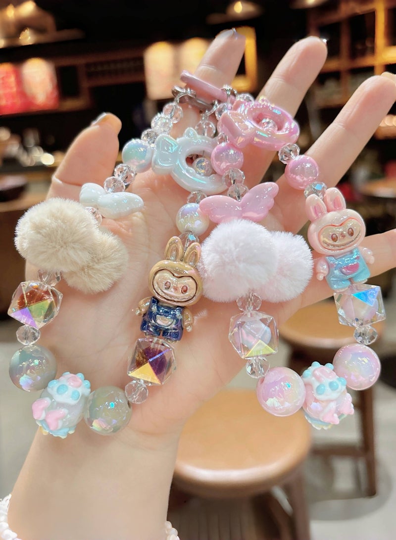 Generic 2-Piece Bling Keychains with Labubu, Pom-Pom and Assorted Beads | Perfect Gifts for Besties and Girlfriends | Car Keychain Accessories | Brown and Pink  - Image 1