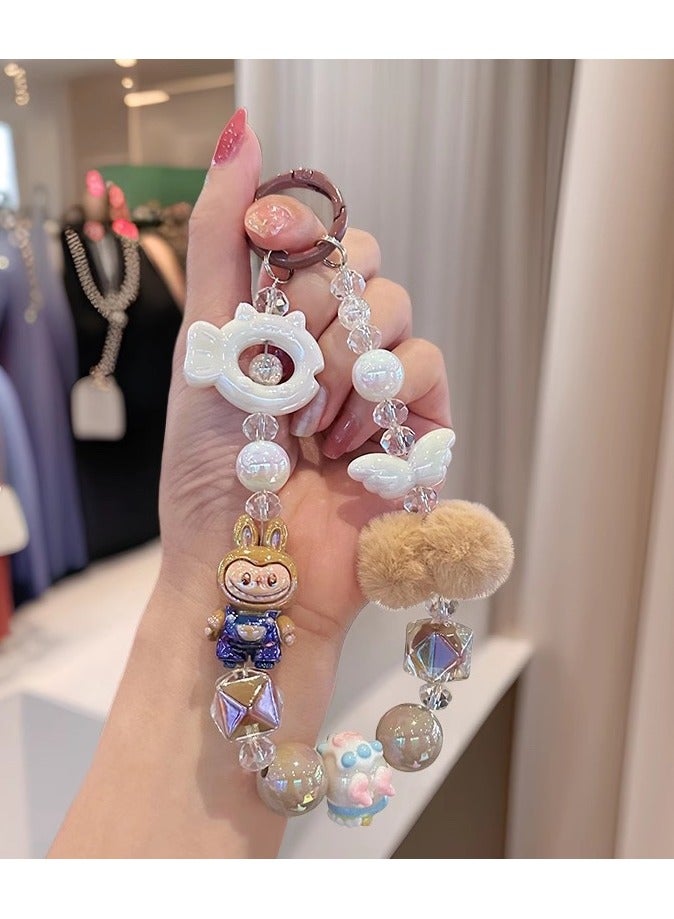 Generic 2-Piece Bling Keychains with Labubu, Pom-Pom and Assorted Beads | Perfect Gifts for Besties and Girlfriends | Car Keychain Accessories | Brown and Pink  - Image 5