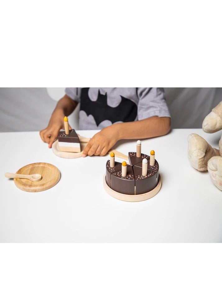 بيرتش آند باغز مجموعة كعكة الشوكولاتة للأطفال، مجموعة كعكة اللعب الخشبية للفتيات، مجموعة ألعاب وقت اللعب الخشبية مع لعبة كعكة عيد ميلاد خشبية متنوعة - Image 5