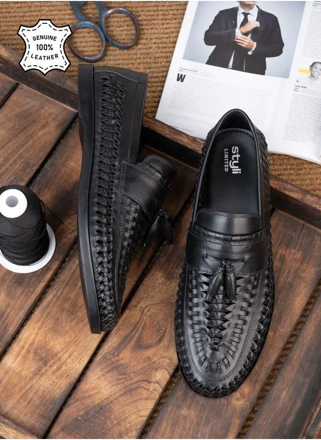 Styli Styli Genuine Leather Handmade Woven Tassel Loafers