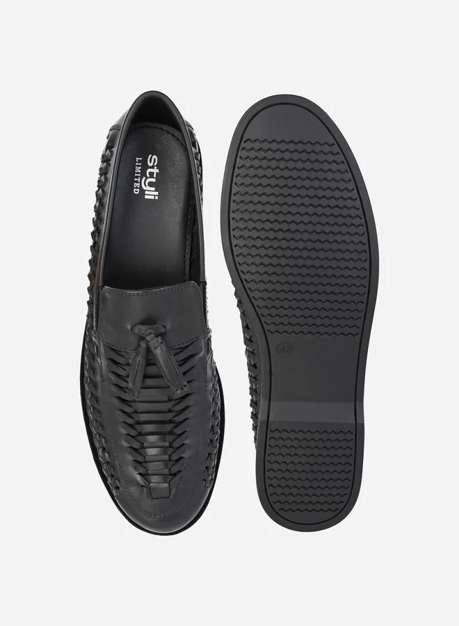 Styli Genuine Leather Handmade Woven Tassel Loafers