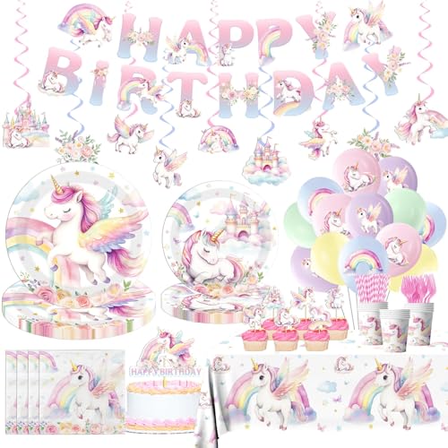 Cextoga Unicorn Birthday Decorations202pcs Unicorn Plates and Napkins Cups Pastel Rainbow Unicorns Birthday Decorations Tablecloth Banner Hanging Swirls Cake Topper for Girl Unicorns Party Suppliesserves 24 - Image 1