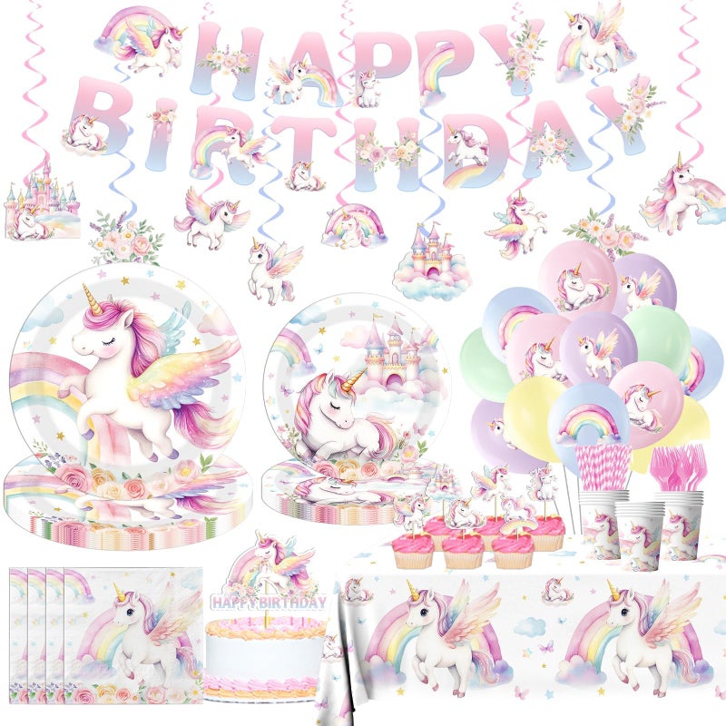 Cextoga Unicorn Birthday Decorations202pcs Unicorn Plates and Napkins Cups Pastel Rainbow Unicorns Birthday Decorations Tablecloth Banner Hanging Swirls Cake Topper for Girl Unicorns Party Suppliesserves 24 - Image 2