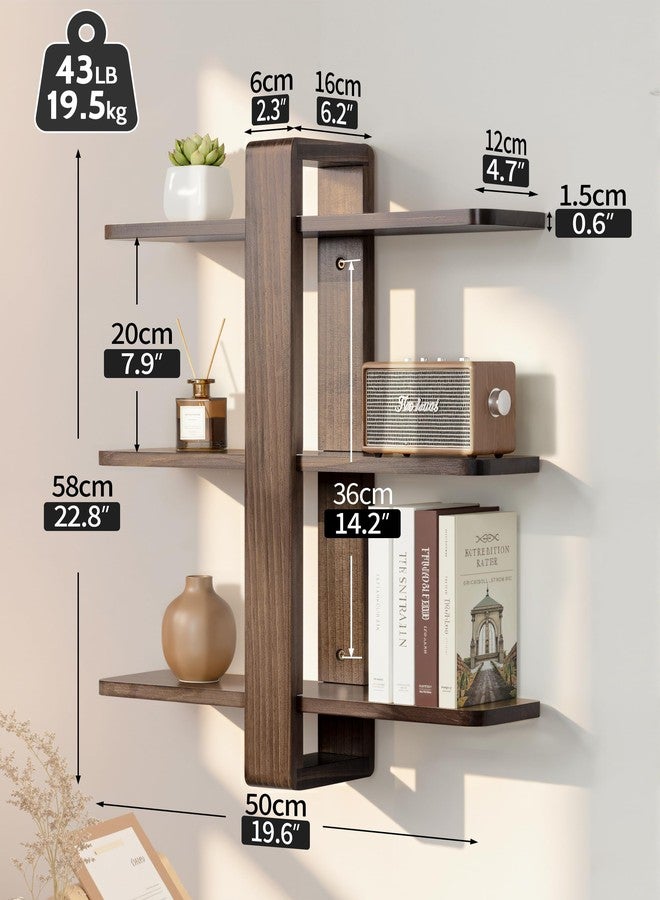 SUMGAR Floating Shelves for Wall Walnut Mounted Shelf Unit for Living Room Bedroom Bathroom Mid Century Modern Decorative Storage Plant Photo Display Home Decor 3 Tier Large 20in All Pine - Image 2