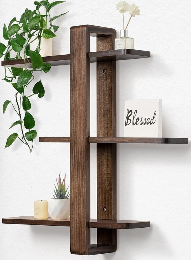 SUMGAR Floating Shelves for Wall Walnut Mounted Shelf Unit for Living Room Bedroom Bathroom Mid Century Modern Decorative Storage Plant Photo Display Home Decor 3 Tier Large 20in All Pine - Image 1