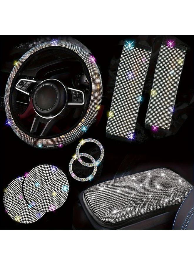 Colorful 8Pcs Car Interior Accessories Set with Diamond Coasters Steering Wheel Cover - Image 3