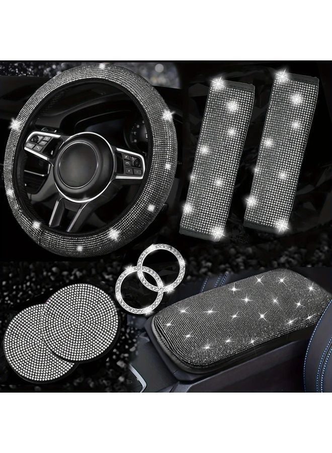 Colorful 8Pcs Car Interior Accessories Set with Diamond Coasters Steering Wheel Cover - Image 4