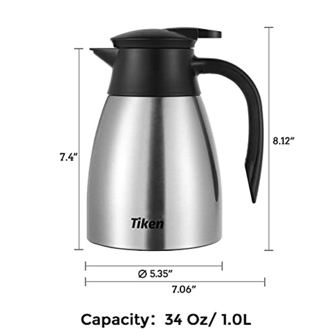 Tiken 34 Oz Thermal Coffee Carafe, Stainless Steel Insulated Vacuum Coffee Carafes For Keeping Hot, 1 Liter Beverage Dispenser (Silver) - Image 3