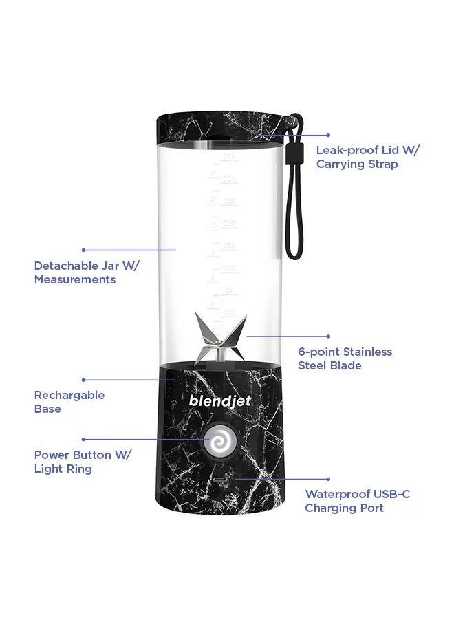 بليندجيت V2 Portable Blender Smoothie Maker, Personal Blender, Fruit Blender, Leak Proof Juicer, BPA-Free 475ml 200W Sports Bottle, USB-C Rechargeable, Ice Crusher with Stainless Steel Blades - Black Marble