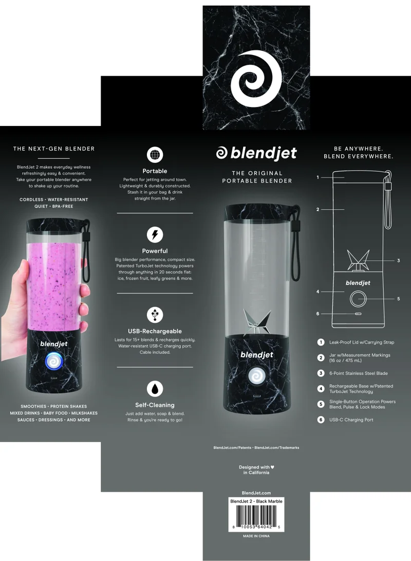 blendjet V2 Portable Blender Smoothie Maker, Personal Blender, Fruit Blender, Leak Proof Juicer, BPA-Free 475ml 200W Sports Bottle, USB-C Rechargeable, Ice Crusher with Stainless Steel Blades - Black Marble