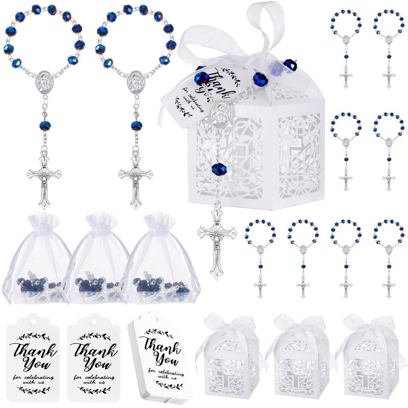 Yinkin 100 Pcs Baptism Favors Set Including 25 Mini Rosary Baptism Favors 25 Organza Bags with Drawstring 25 Thank Kraft Tags 25 Boxes for Christening Party Wedding Supplies GiftsBlue - Image 2