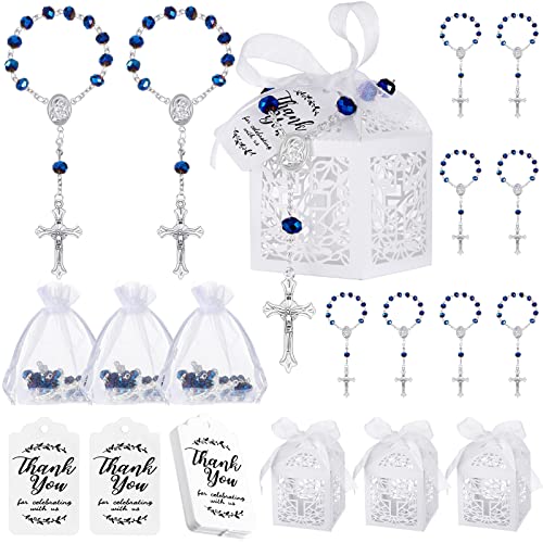 Yinkin 100 Pcs Baptism Favors Set Including 25 Mini Rosary Baptism Favors 25 Organza Bags with Drawstring 25 Thank Kraft Tags 25 Boxes for Christening Party Wedding Supplies GiftsBlue - Image 1