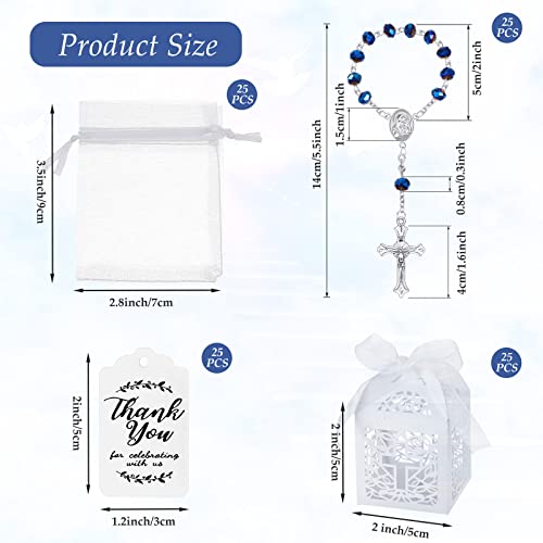 Yinkin 100 Pcs Baptism Favors Set Including 25 Mini Rosary Baptism Favors 25 Organza Bags with Drawstring 25 Thank Kraft Tags 25 Boxes for Christening Party Wedding Supplies GiftsBlue - Image 3