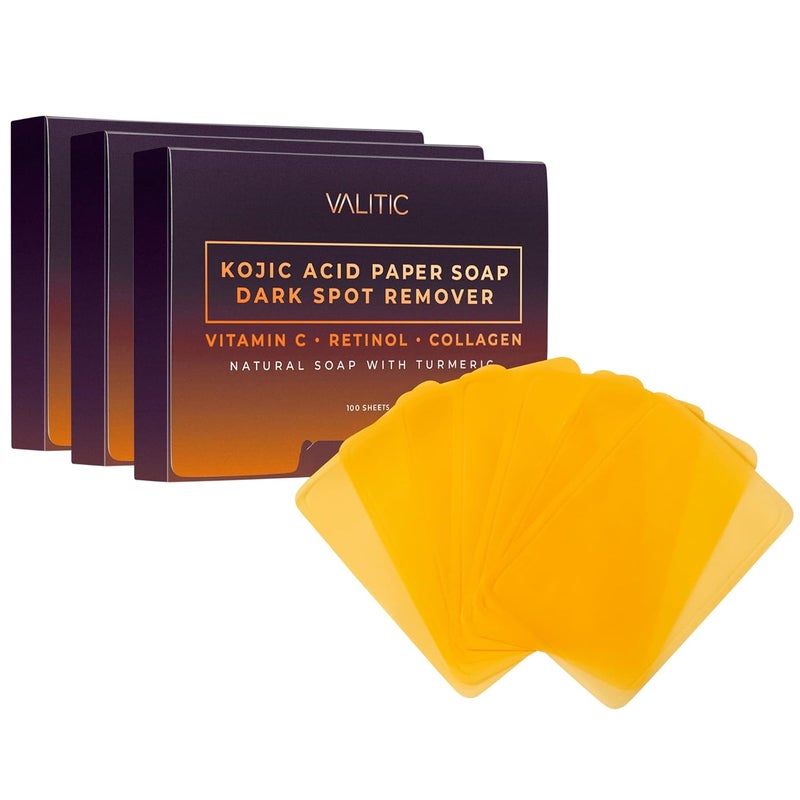 VALITIC Turmeric Kojic Acid Cleansing Soap Melting Sheets  Dark Spot Corrector Paper Soap  100 Travel Size Facial Exfoliating Sheets With Vitamin C Retinol Collagen  3 Pack