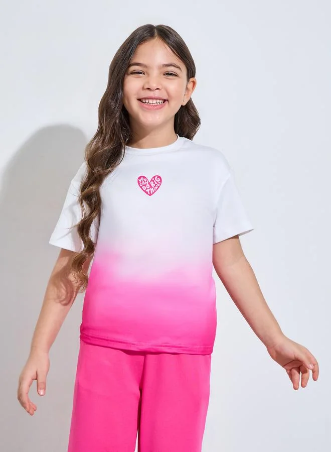 Styli Girls Ombre Printed T-Shirt and Wide Leg Joggers Set