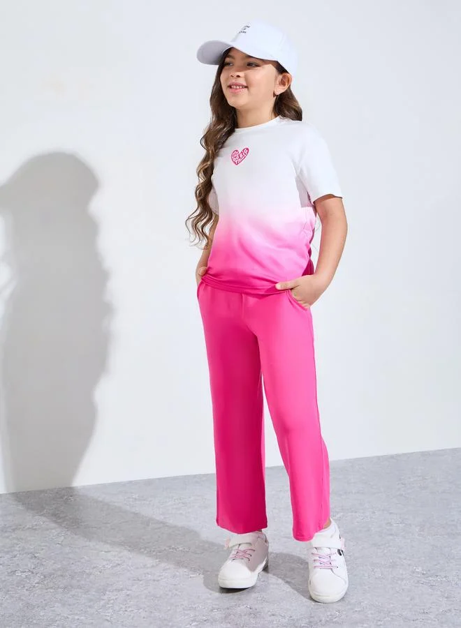 Styli Girls Ombre Printed T-Shirt and Wide Leg Joggers Set