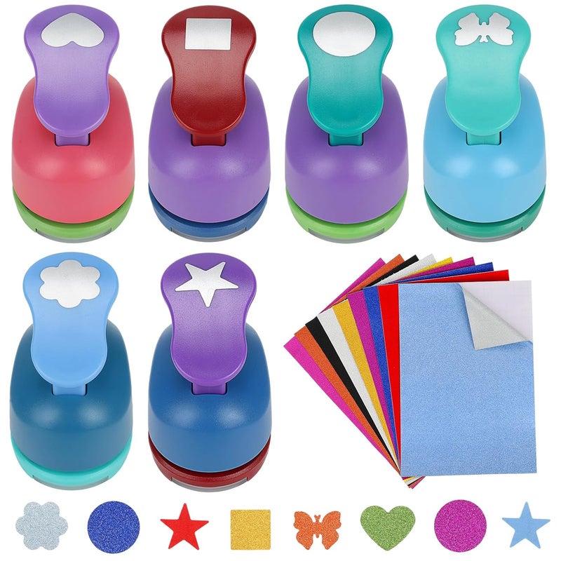 Regilt 6 Pcs Colorful Craft Hole Punch with 10 Glitter Cardstock Papers, Decorative Scrapbook Paper Puncher Set, Different Shape Paper Hole Puncher Set for Office Supplies (6 Pcs Styles 2) - Image 1