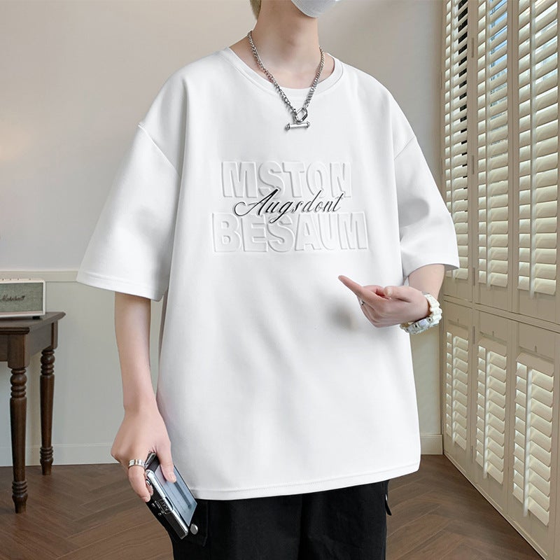 Steel-Printed Letter Printing Trendy Short-Sleeved T-Shirt Men'S Instagram Style Summer Shoulder Thin Breathable Retro Loose Casual Top - Image 1