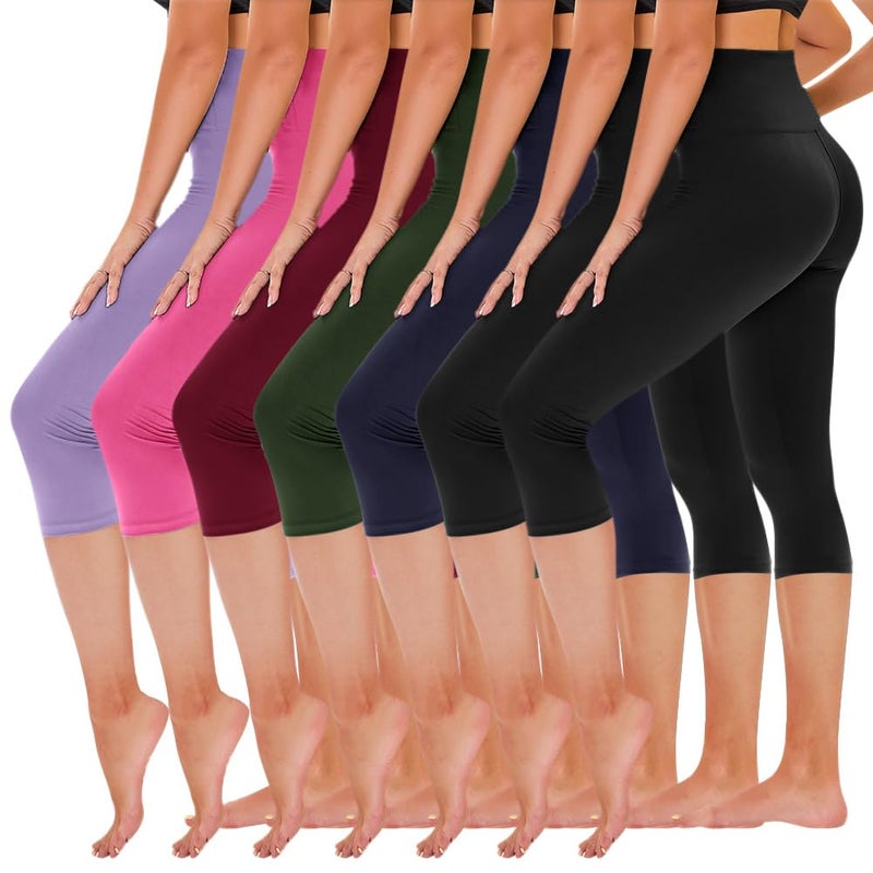 TNNZEET 7 Pack Capri Leggings for Women - High Waisted Tummy Control Yoga Pants for Workout Gym Black Navy Blue Olive Wine Red Pink Light Purple - Image 1