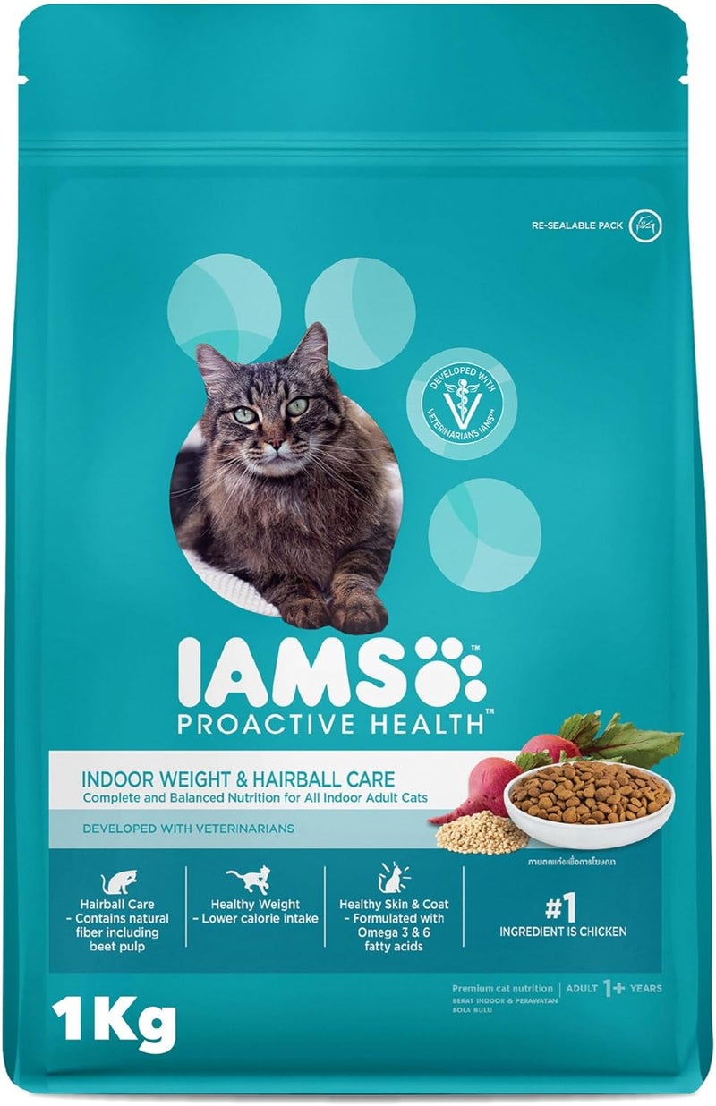 IAMS Cat Dry Food Healthy Adult Indoor Weight & Hairball Care, 1 kg - Image 1