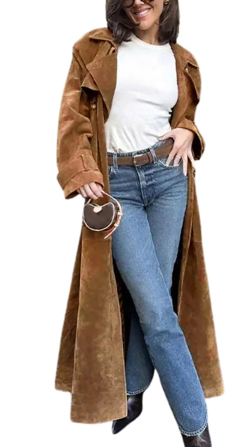utcoco Womens Faux Suede Long Trench Coat Notched Lapel Double Breasted Pea Coat Overcoat with Belt (X-Large, Camel) - Image 1